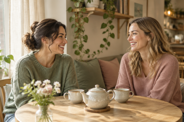 Două prietene la o masă mică într-o cafenea luminoasă, în conversație relaxată, cu ceainice și plante în fundal