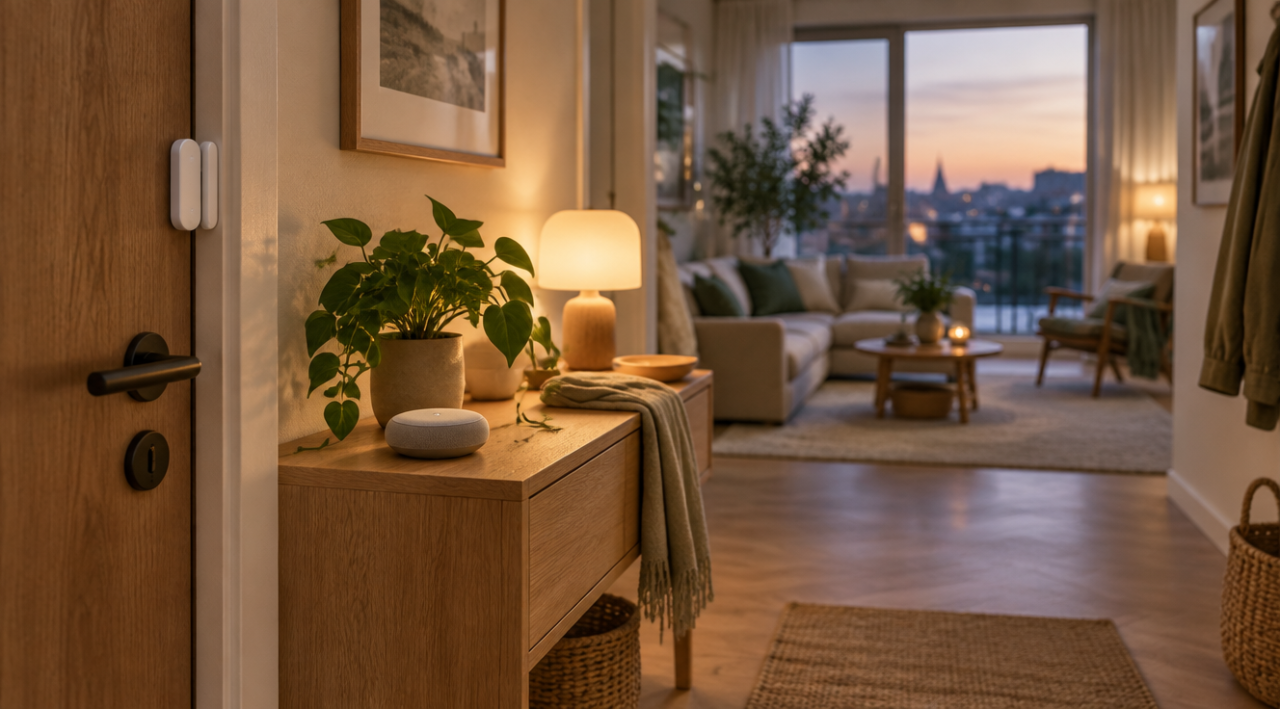 Living luminos cu un hub discret pe raft, o lampă inteligentă și un senzor de ușă montat lângă intrare