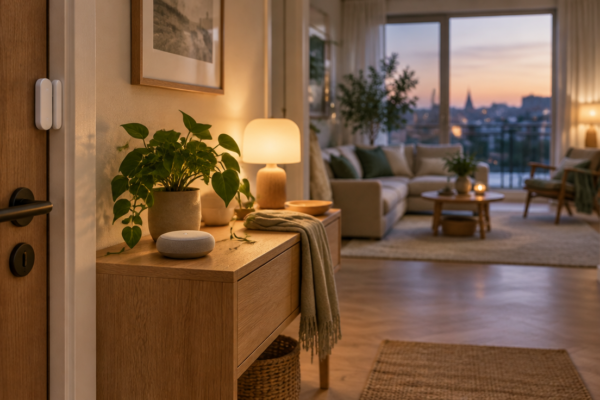 Living luminos cu un hub discret pe raft, o lampă inteligentă și un senzor de ușă montat lângă intrare