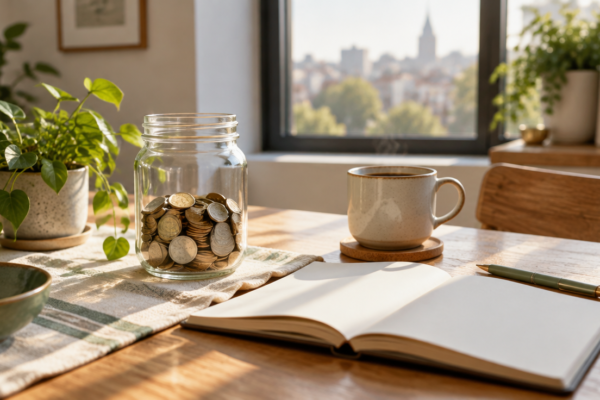 Interior luminos de dimineață cu un borcan de sticlă plin cu monede lângă un caiet deschis și o ceașcă de cafea pe o masă de lemn